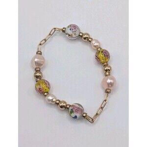 Vintage Murano Art Blown Glass Floral Pearl Beads Stretch Bracelet 6" Gold Tone